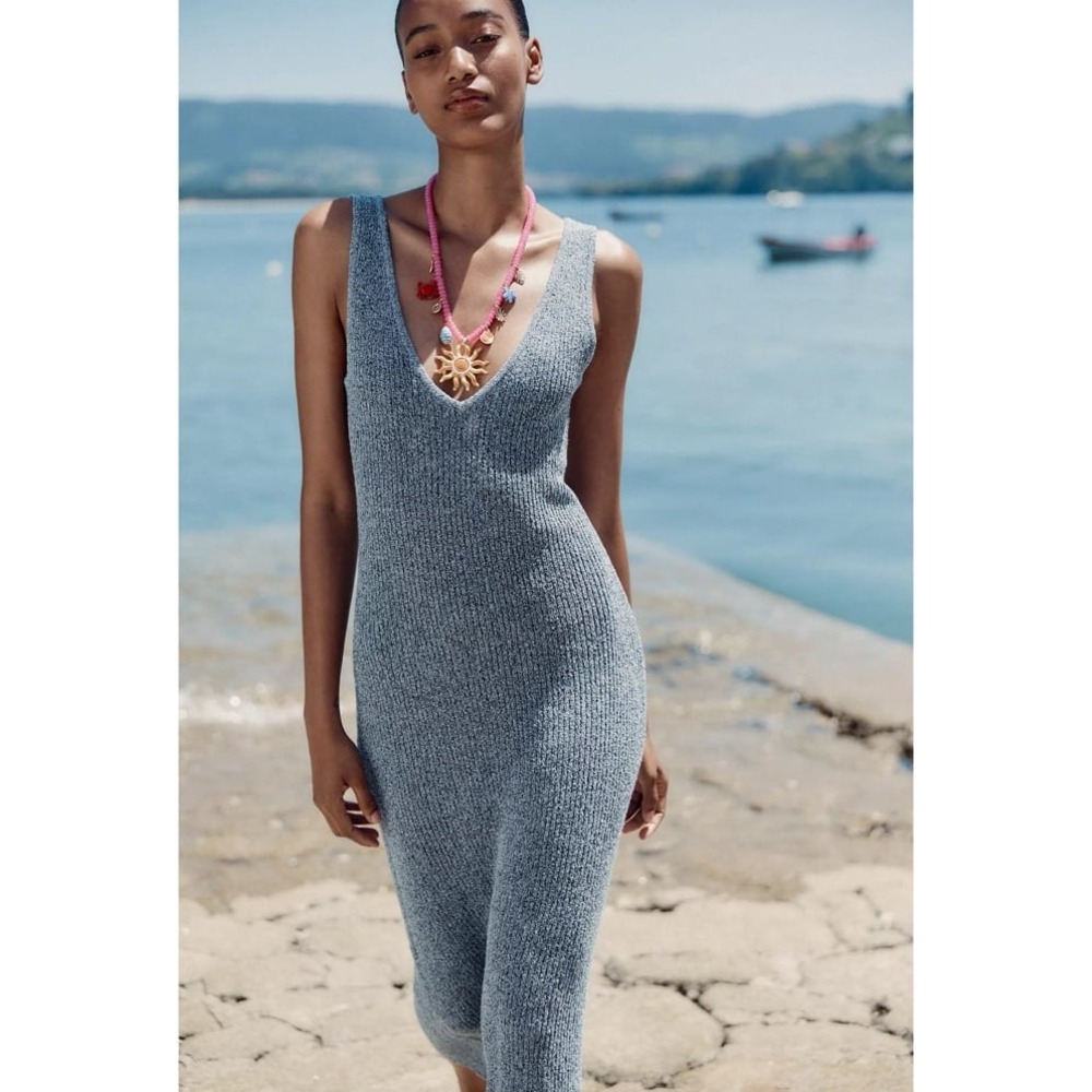 Zara Knit Blue V-Neck Midi Dress Size Medium - Picture 2 of 10